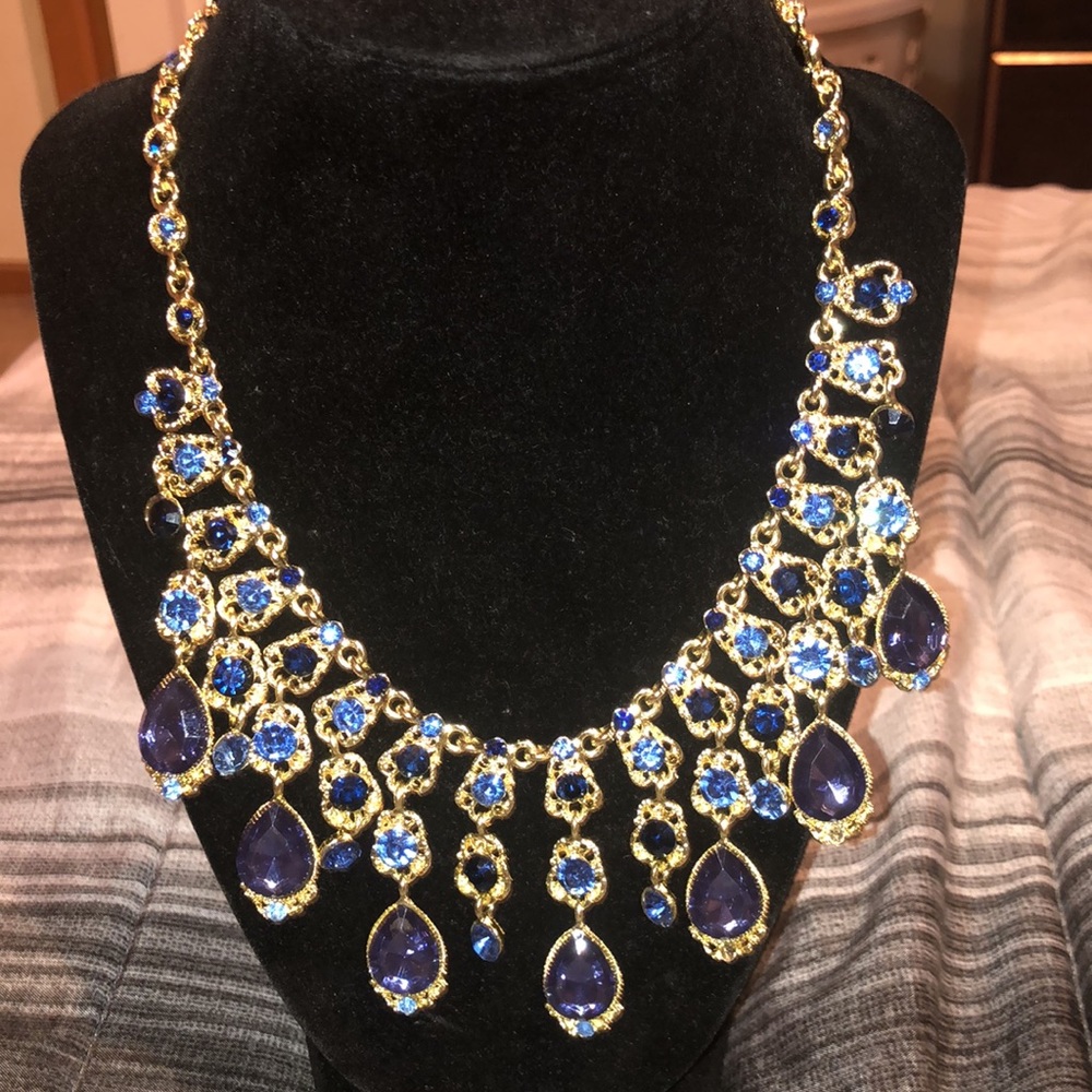 Gold Tone with Blue Stones Necklace